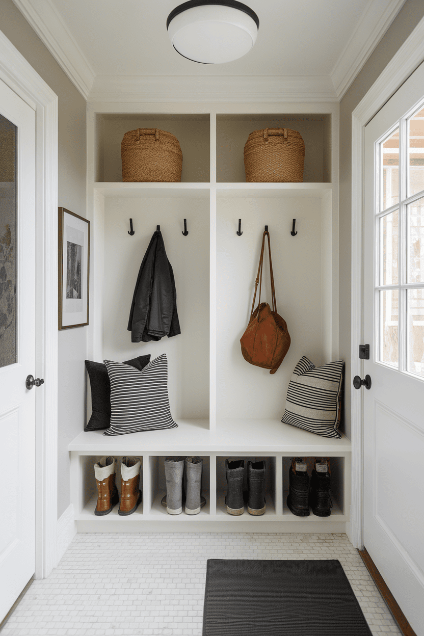 Organized narrow mudroom with shelves, hooks, and seating.