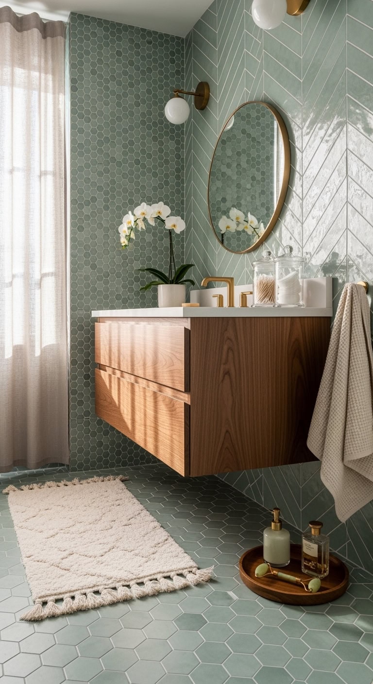 soothing celadon geometric bathroom design