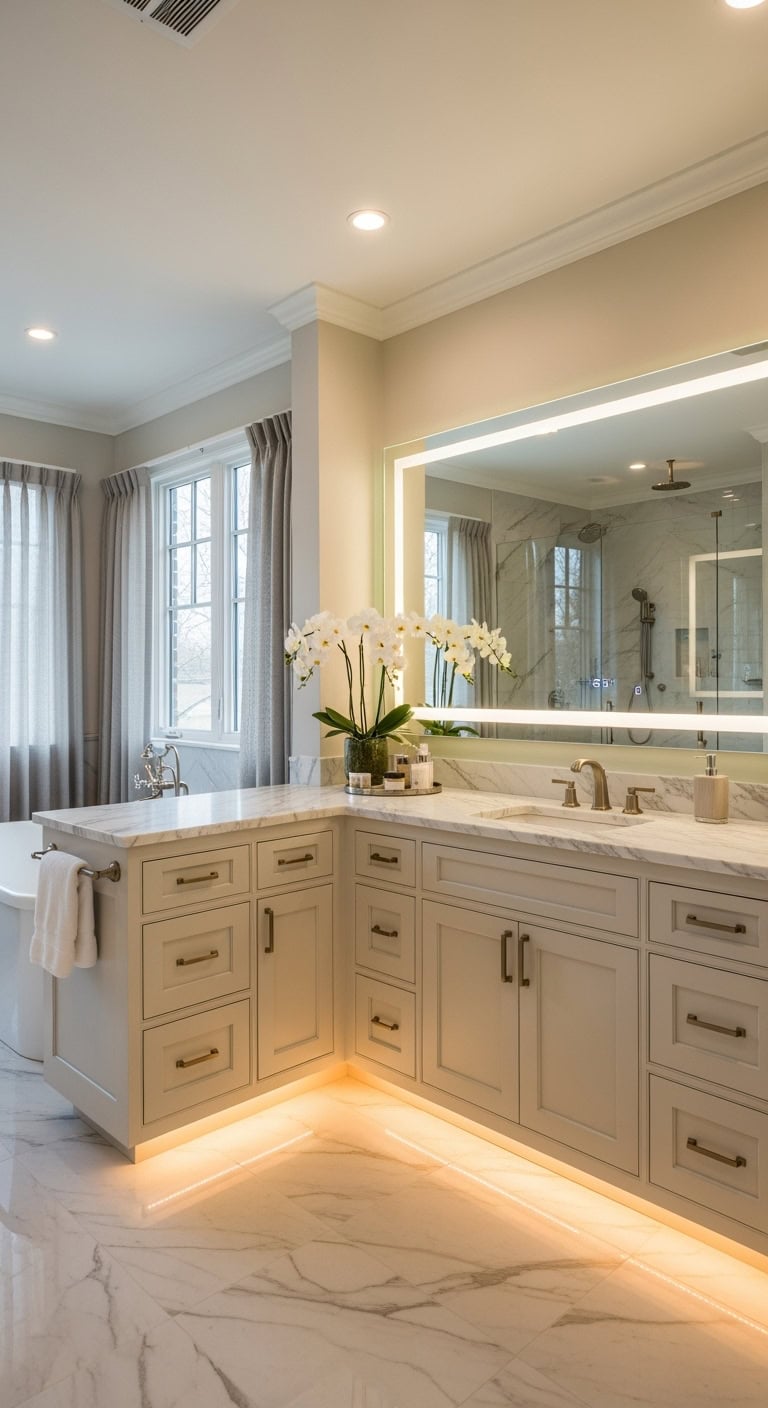 beige vanity with integrated lighting
