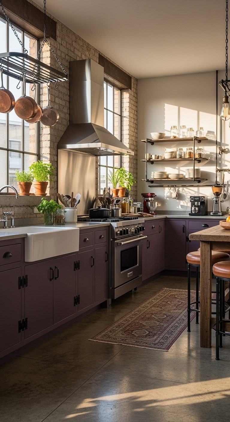 edgy industrial plum cabinets