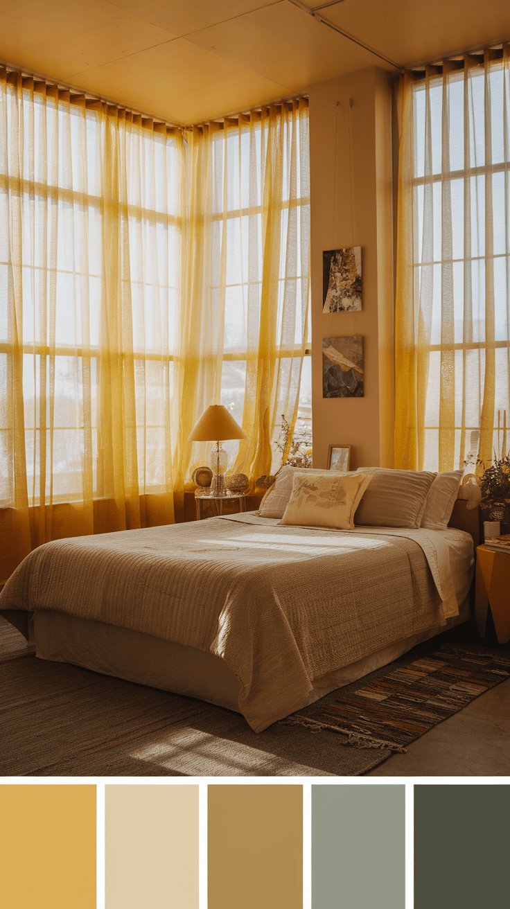 A bright bedroom with yellow sheer blinds allowing natural light to filter through.
