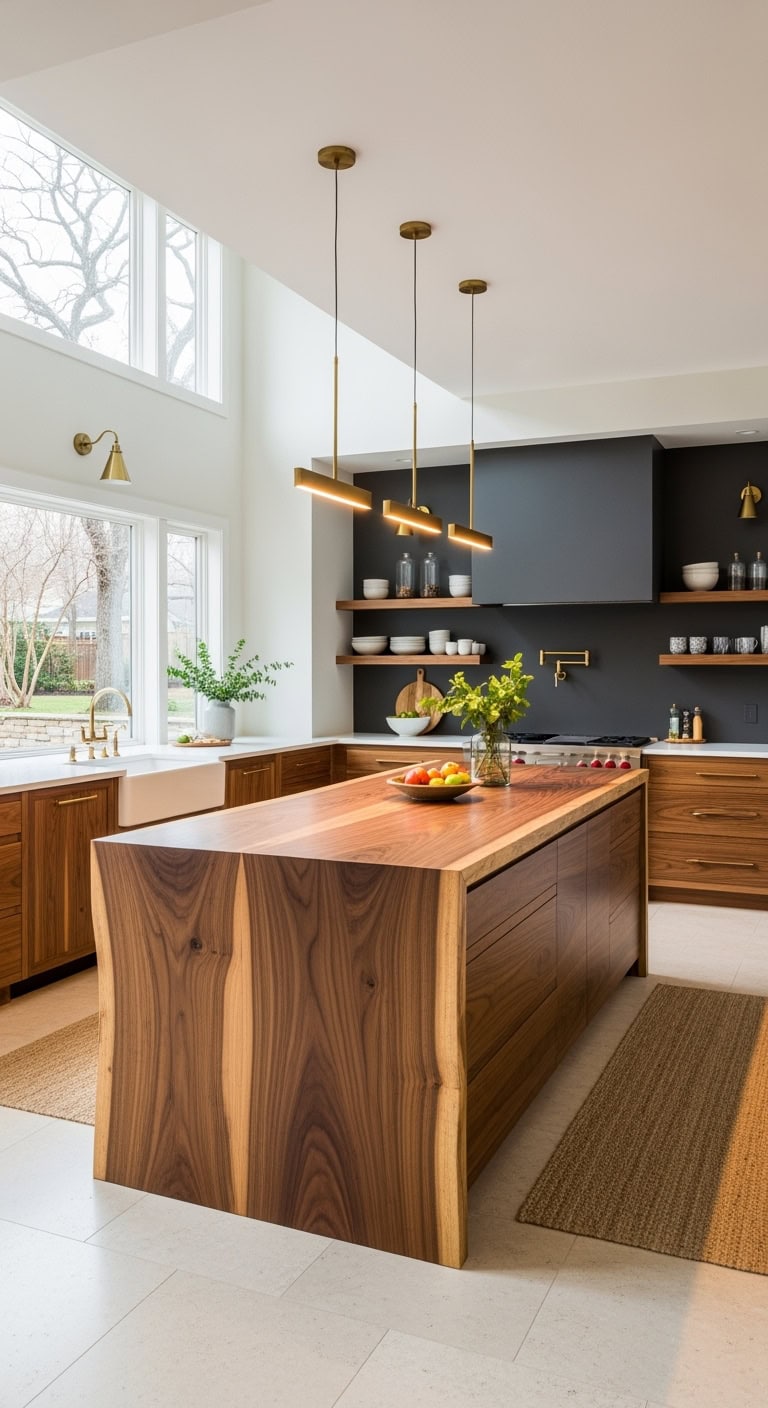 seamless walnut waterfall island