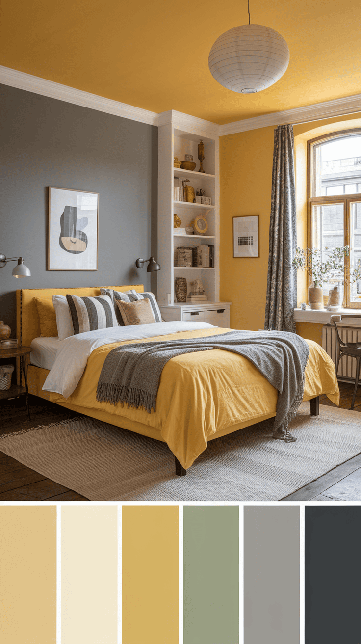 A bedroom featuring a yellow and gray color palette with a cozy bed and stylish decor.
