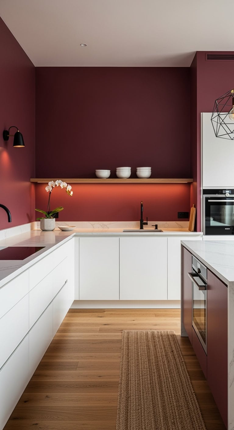 burgundy walls minimalist kitchen elegance