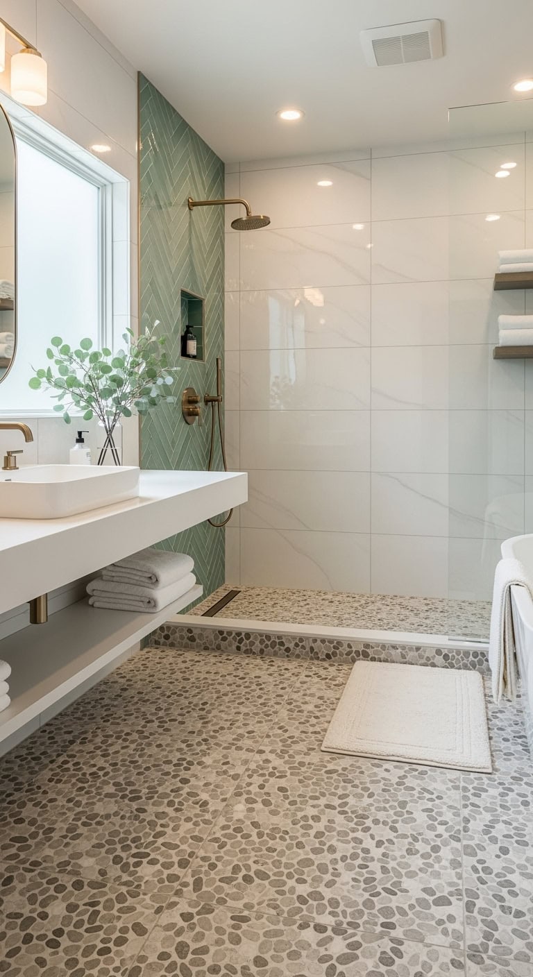 serene spa like beige pebbled floor tiles