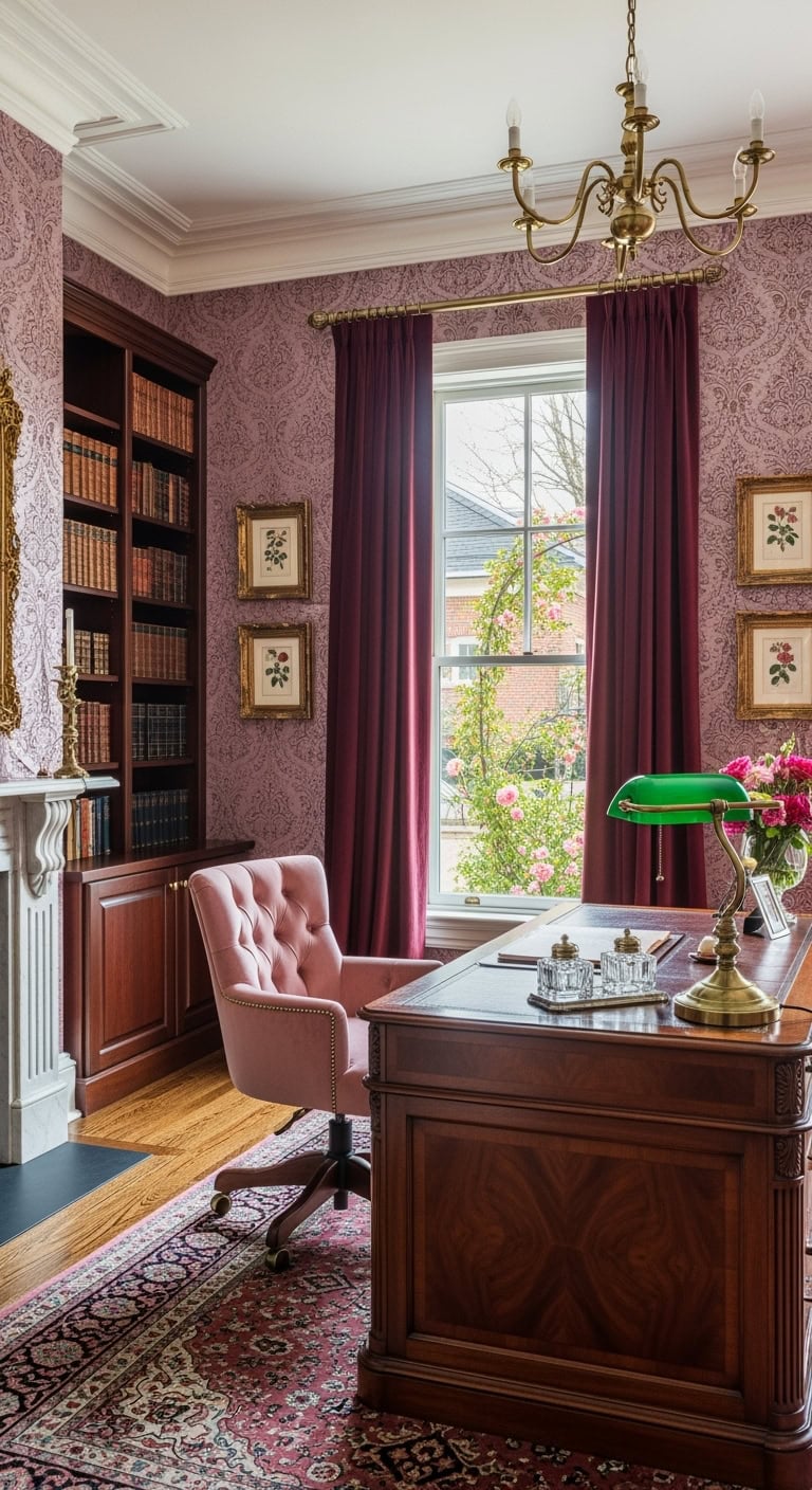 mauve victorian velvet workspace