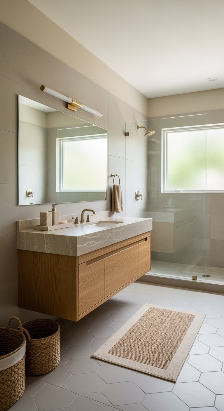 layered beige neutral bathroom