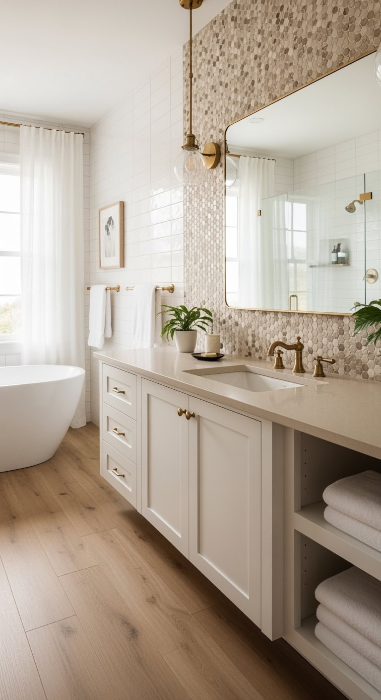 serene spa inspired beige mosaic backsplash