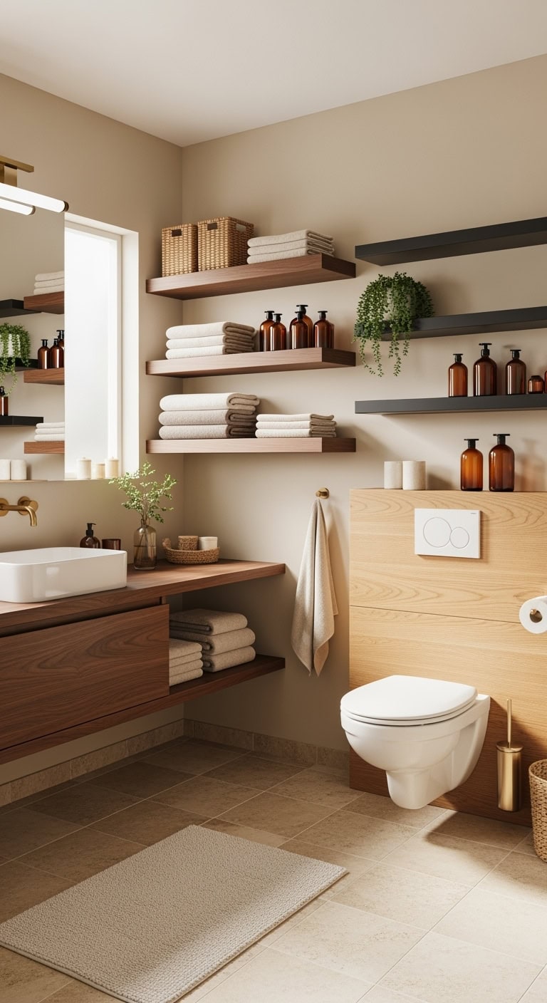 floating organic wooden bathroom shelves
