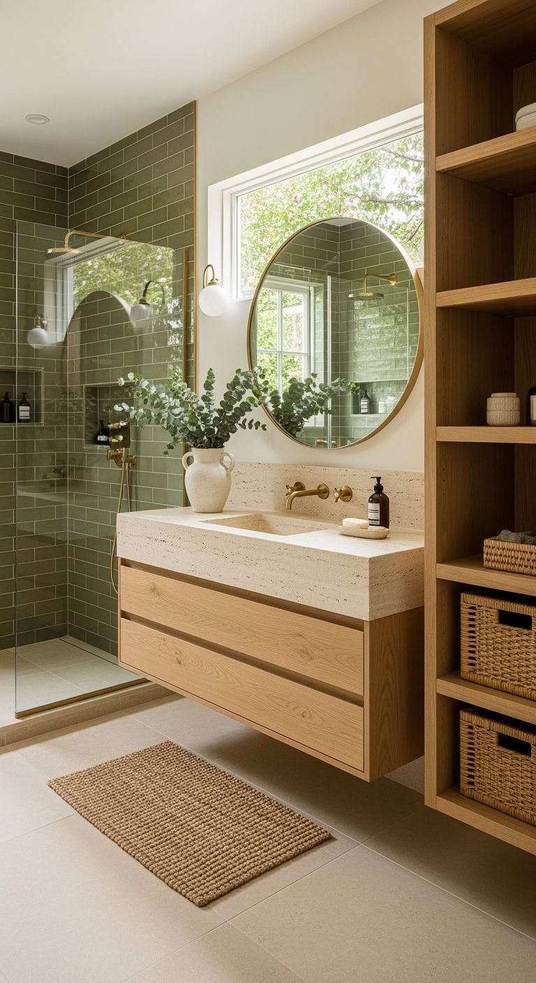 olive green spa inspired bathroom