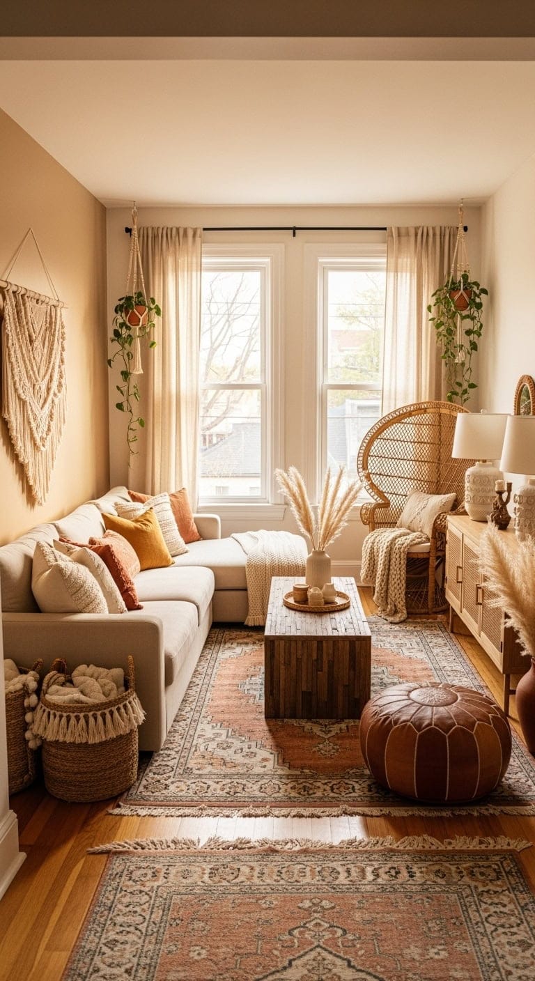 layered boho beige livingroom