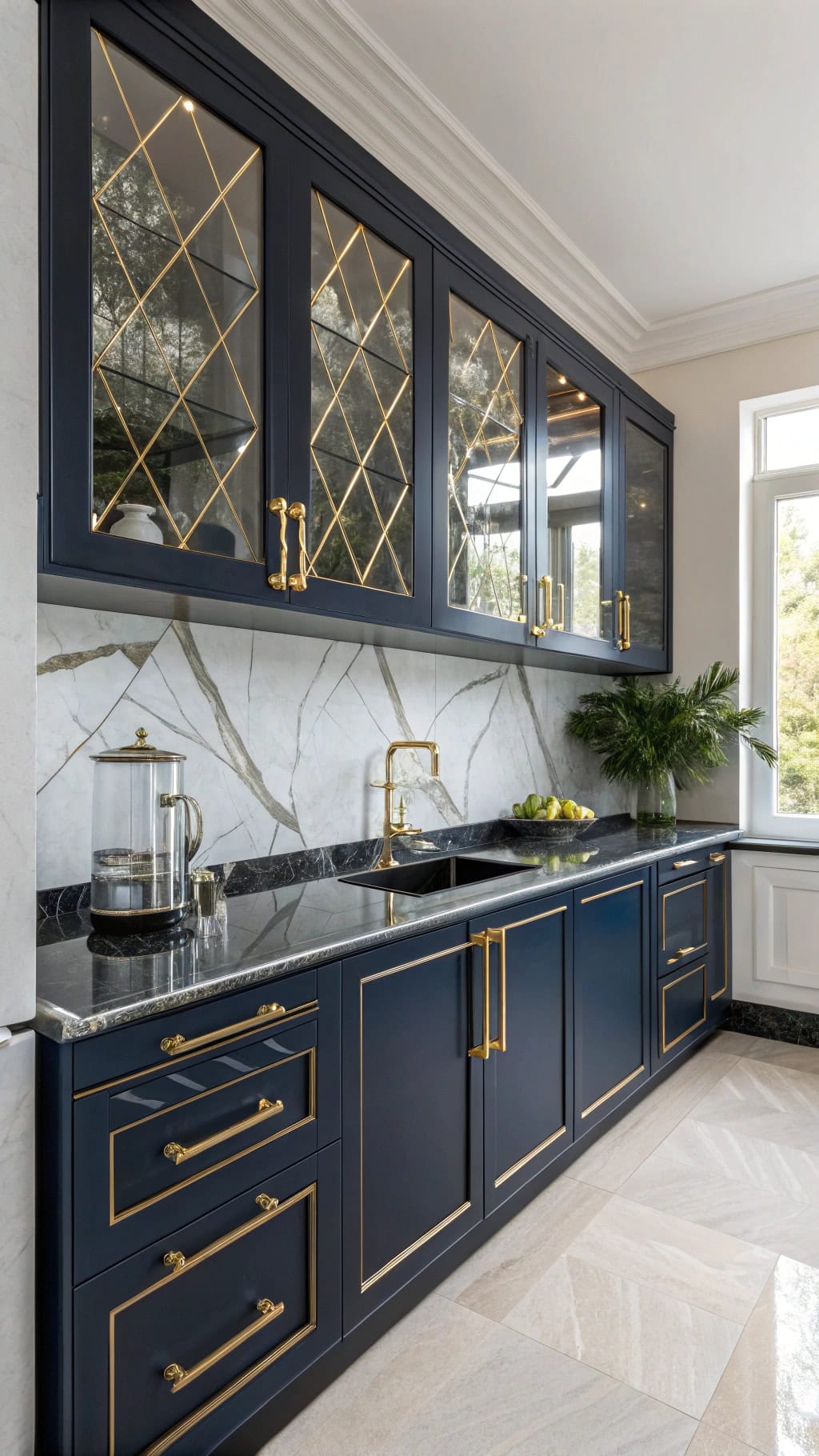 glamorous blue lacquered cabinets