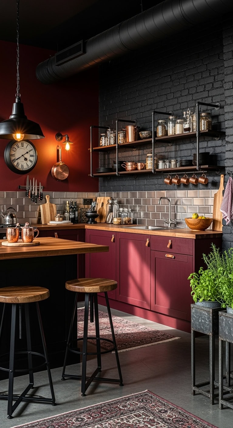 industrial burgundy kitchen aesthetics
