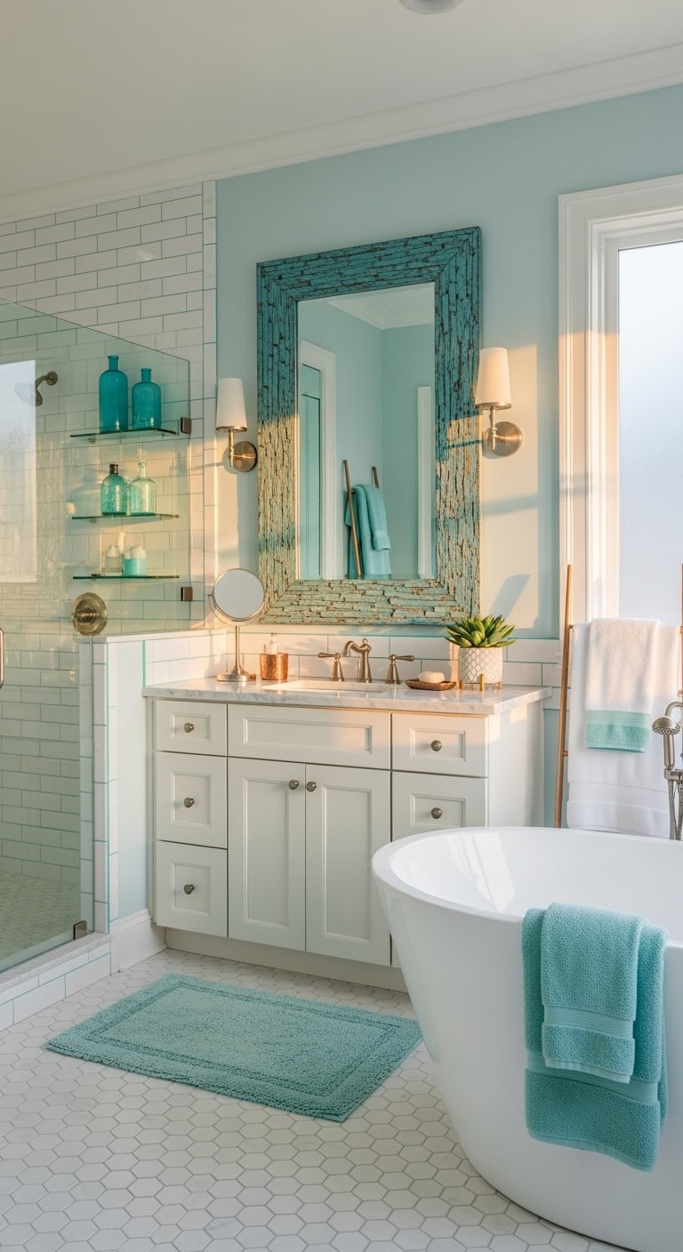 aqua framed mirrors elevate any bathroom