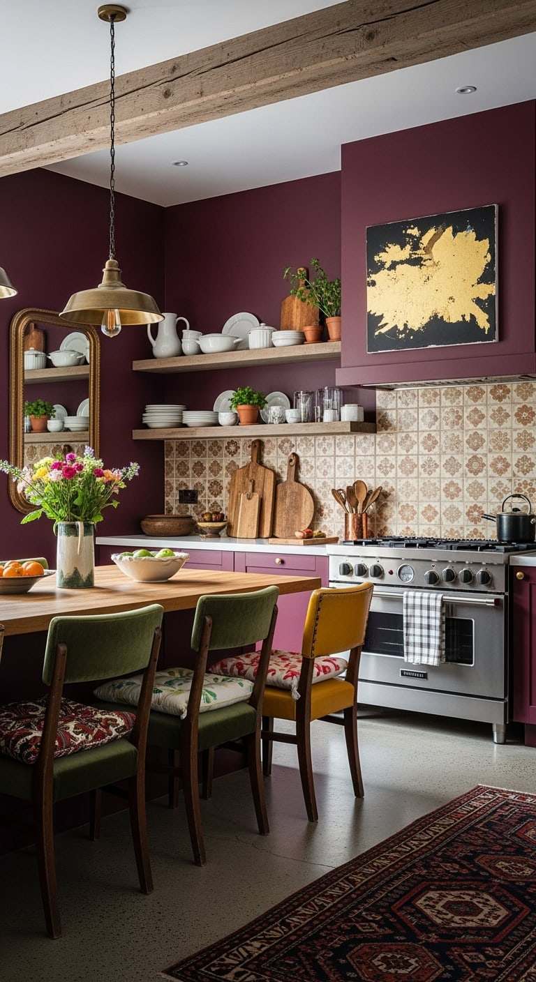 eclectic burgundy kitchen design