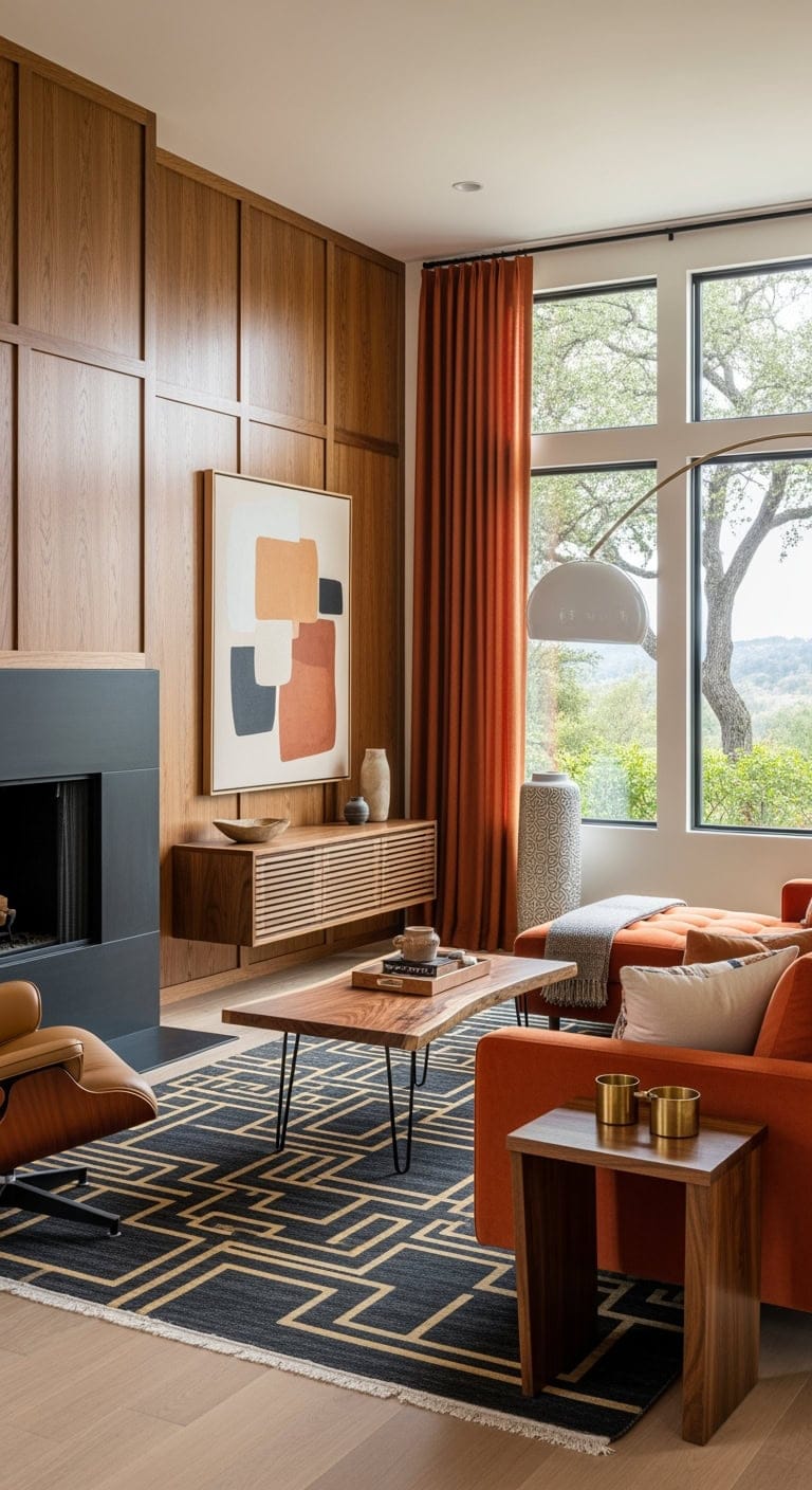 sleek walnut accented black fireplace