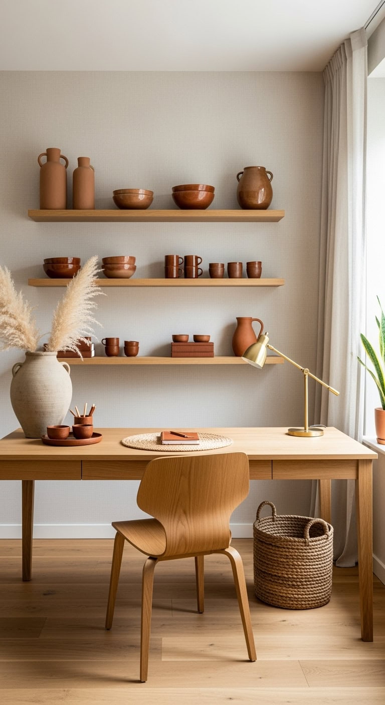 warm earthy pottery anchors workspace