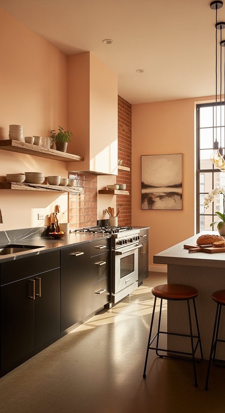 peach walls enhance industrial style