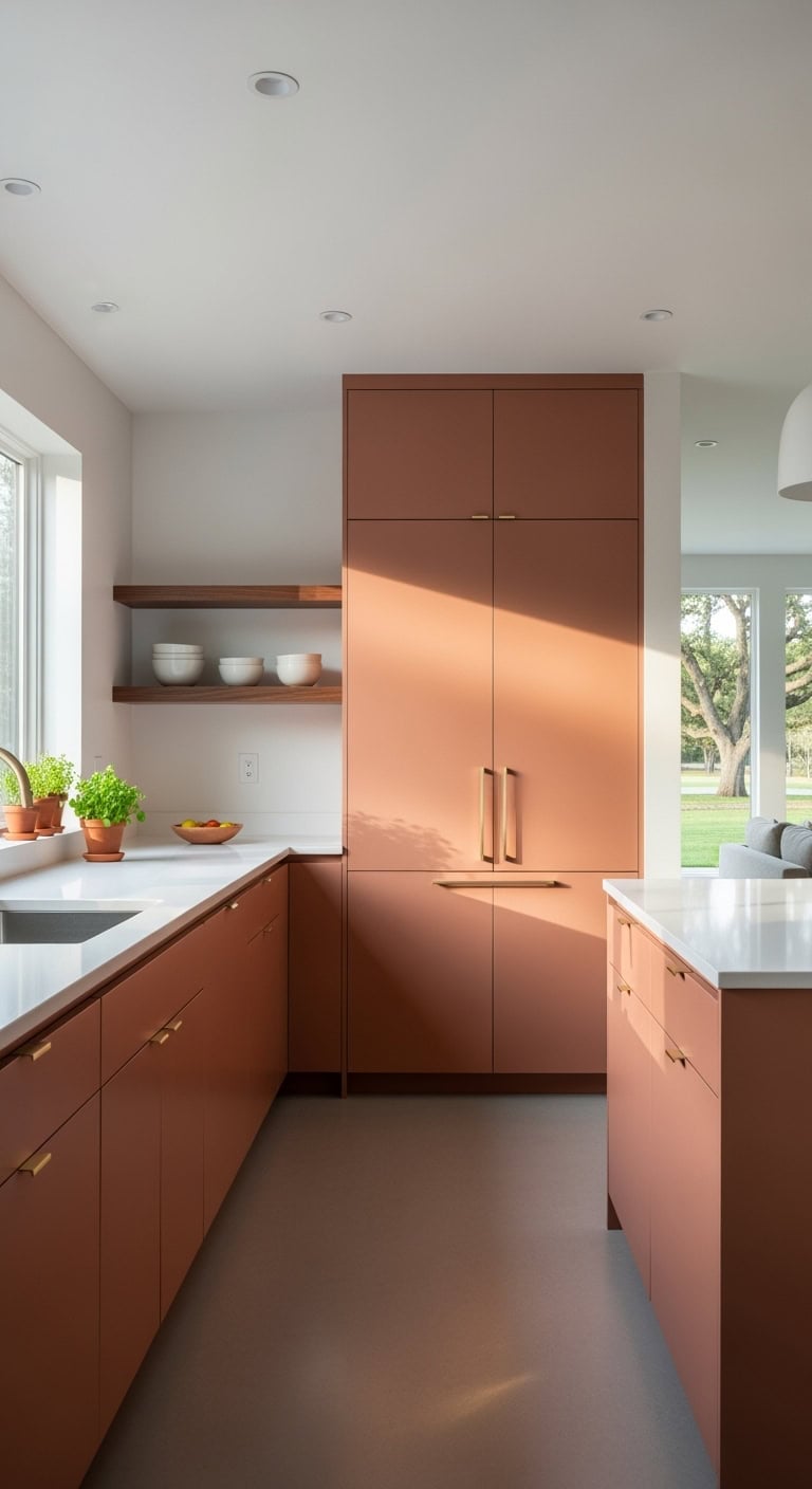 warm sophisticated minimalist terracotta kitchen