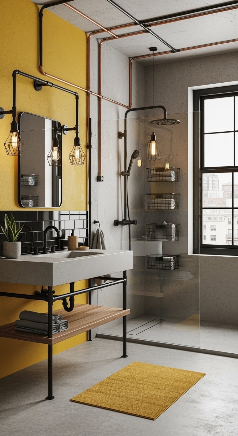 mustard industrial loft bathroom