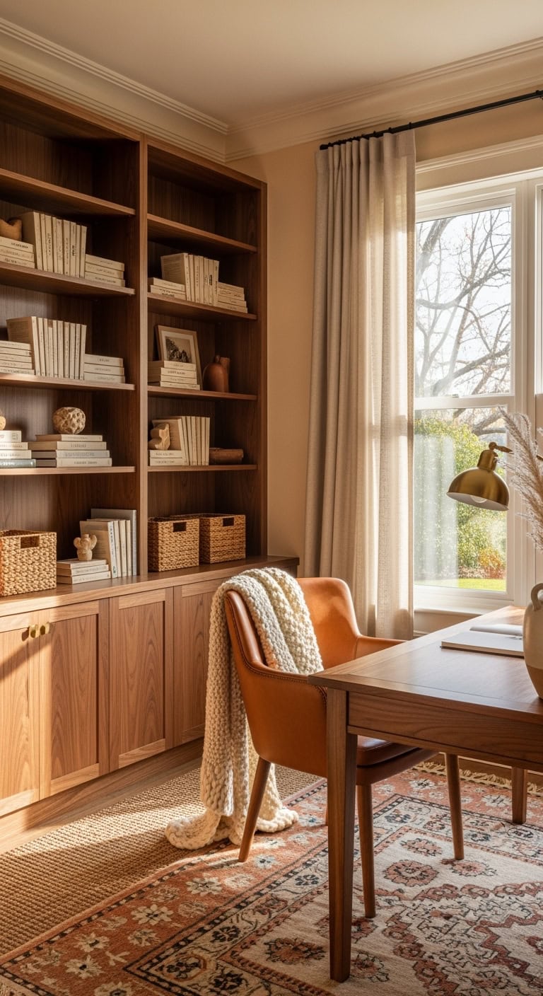 cozy walnut shelved zoom office