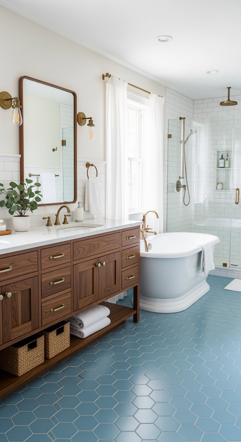 dreamy powder blue bathroom flooring