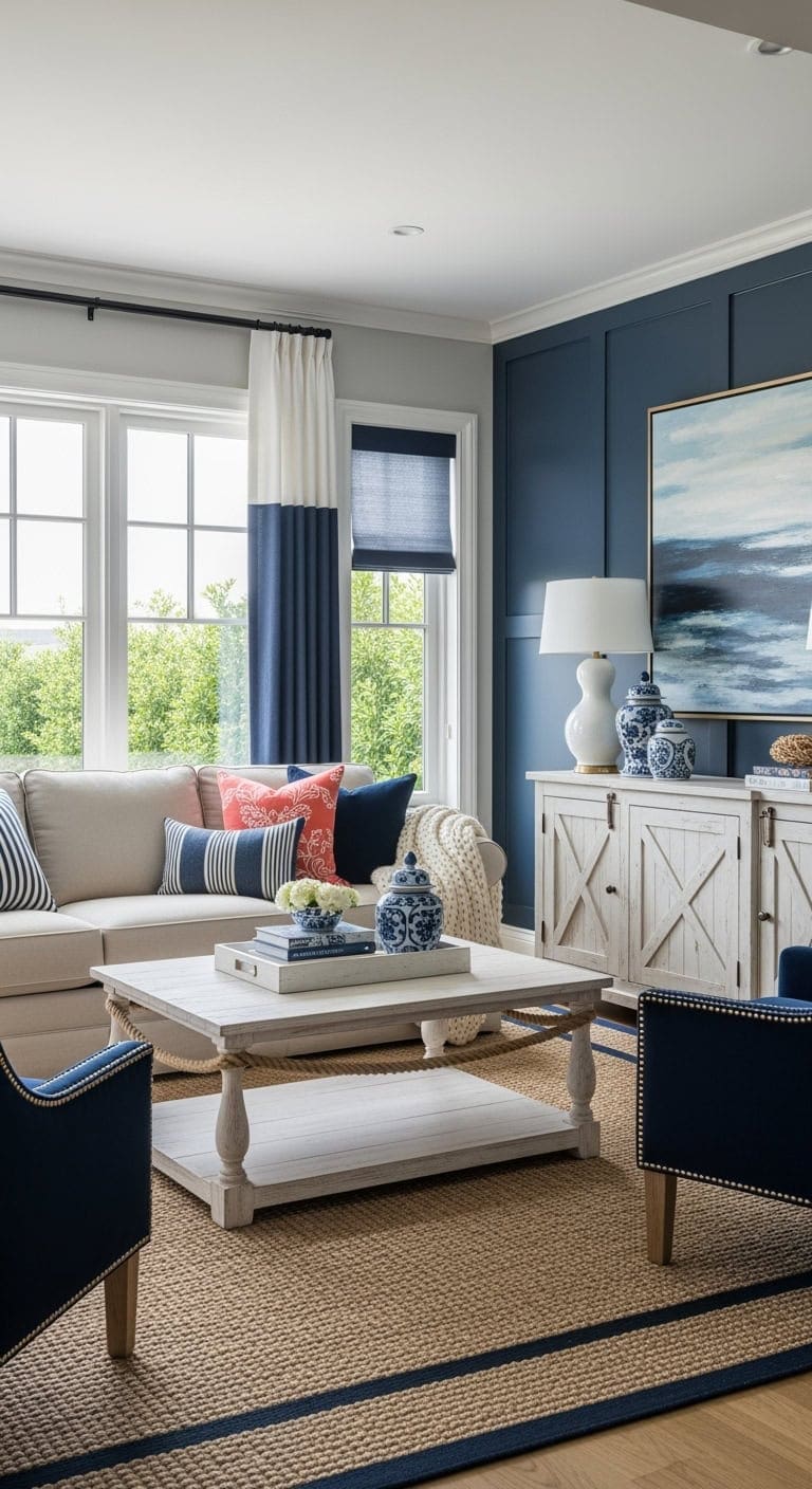 hamptons inspired navy beige living