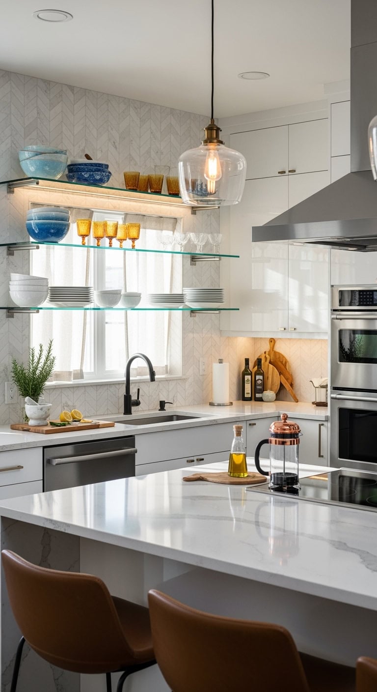 levitating glassware in airy kitchen display