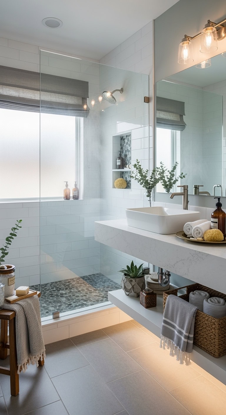 misty elegant spacious ethereal bathroom