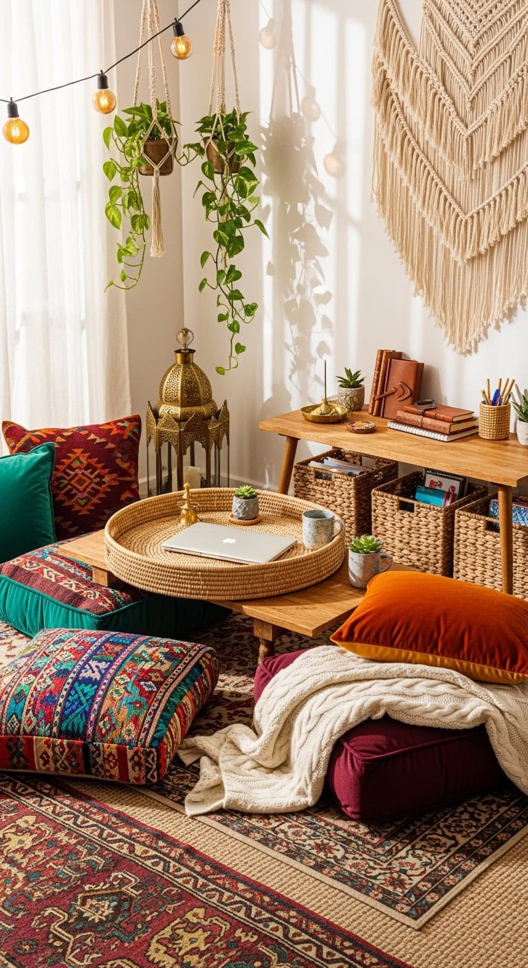 lush layered earthy bohemian workspace