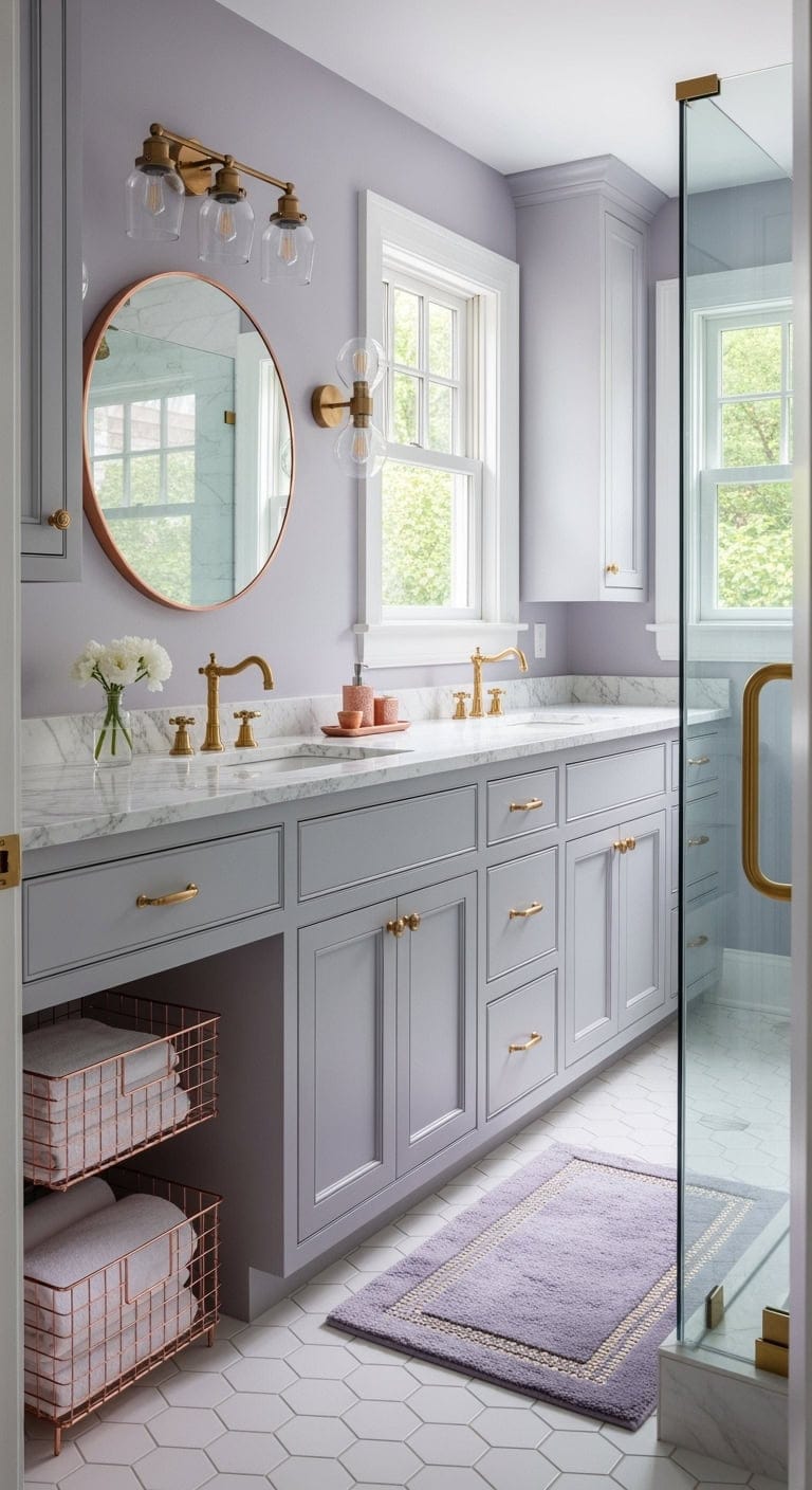 lavender bathroom with metallics