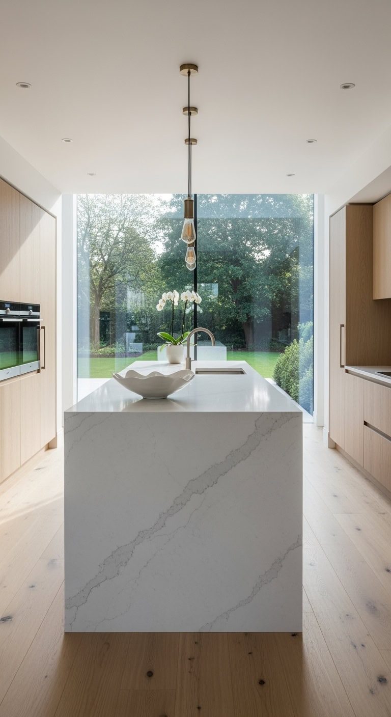 sleek minimalist waterfall island countertop