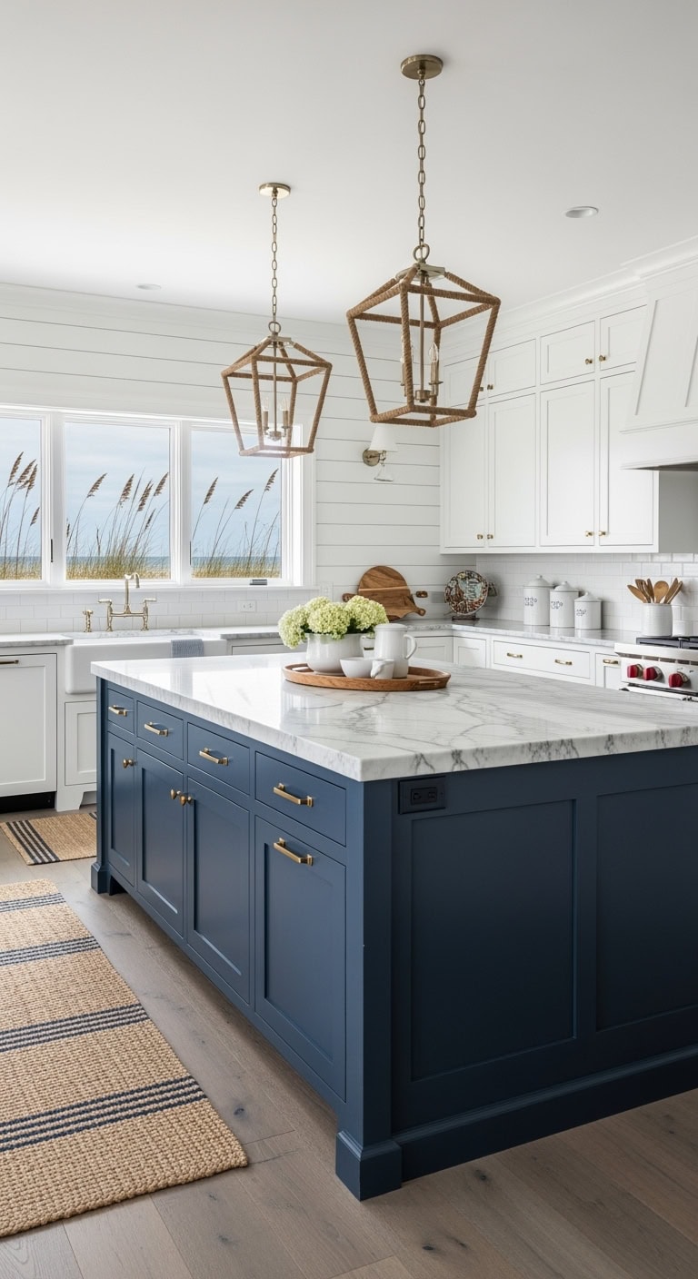 navy island white perimeter cabinetry