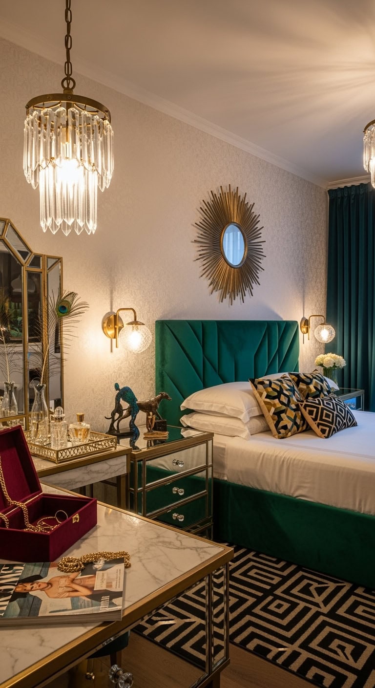 opulent dramatic glamorous art deco bedroom
