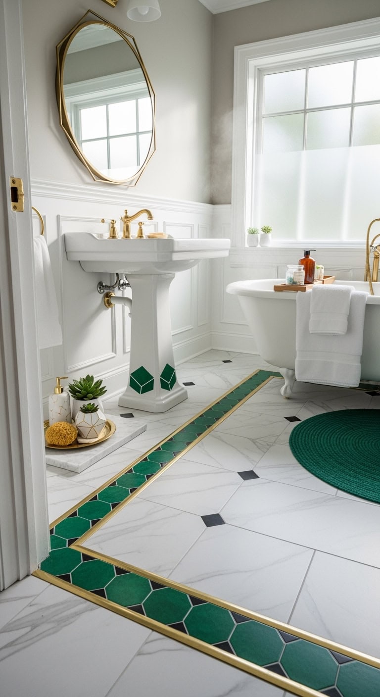 glamorous geometric emerald accented bathroom design