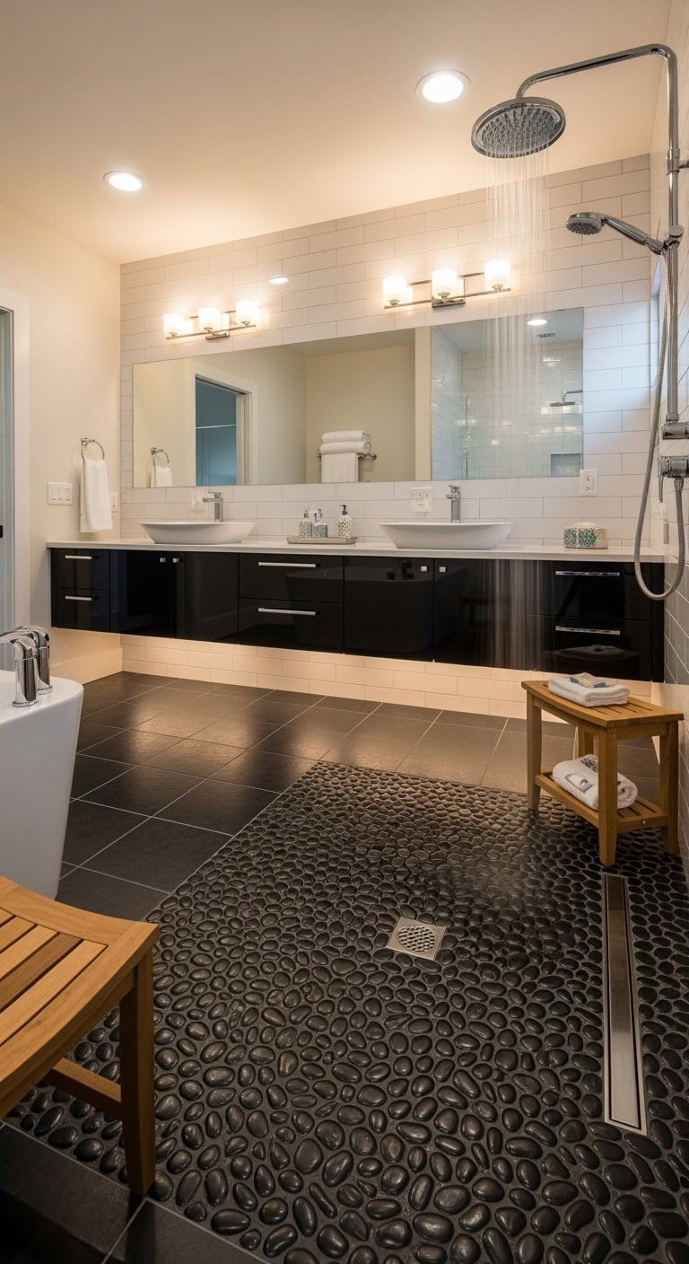 spa like textured nature inspired black pebble shower