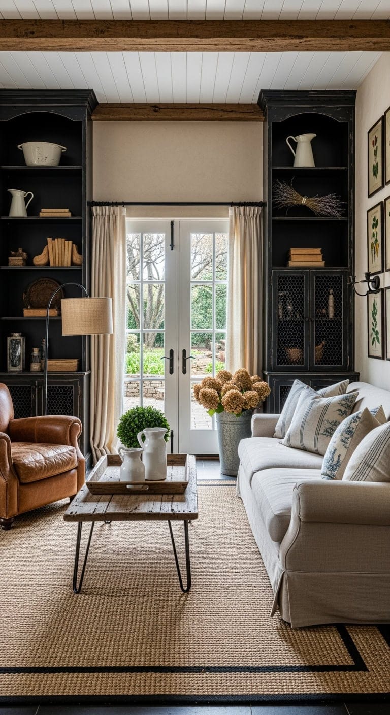 distressed black french built ins