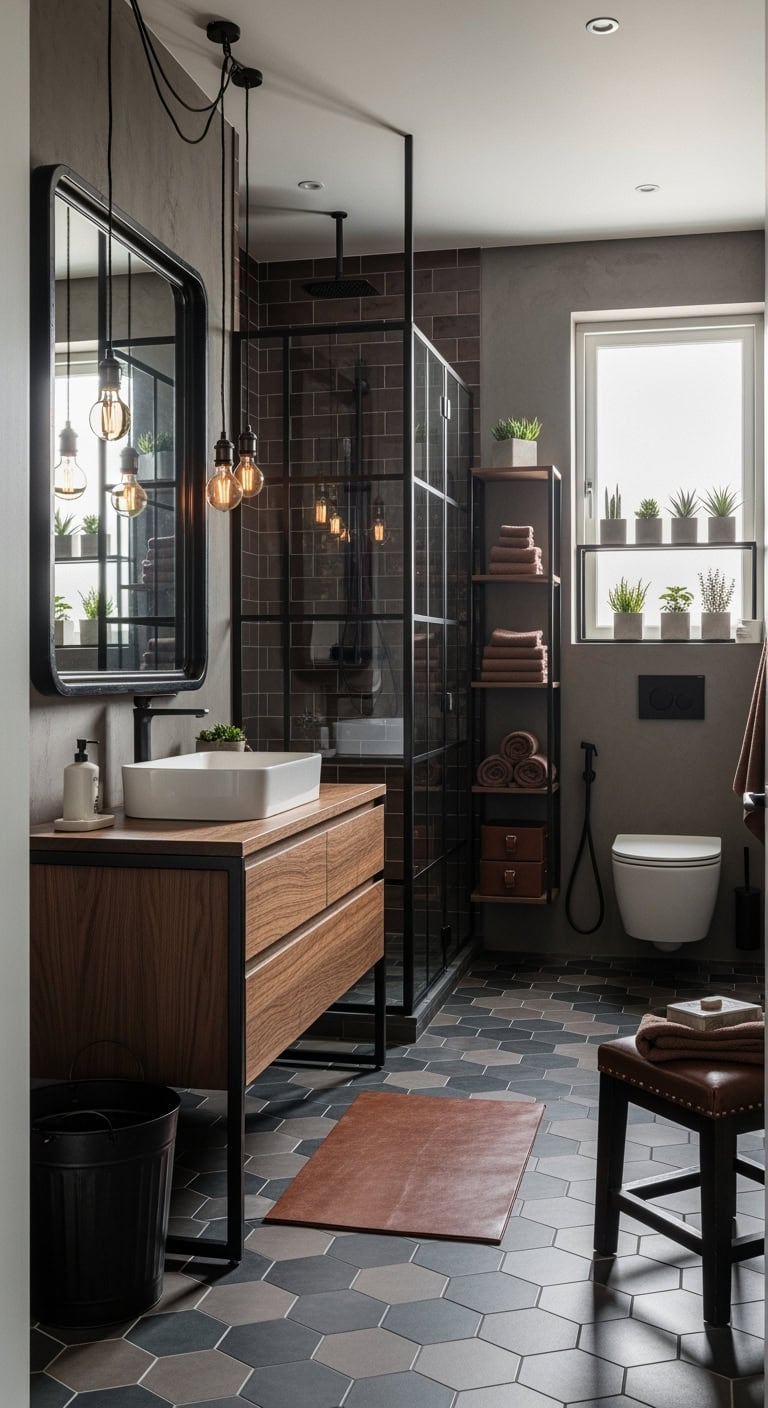 industrial luxe leather and metal bathroom
