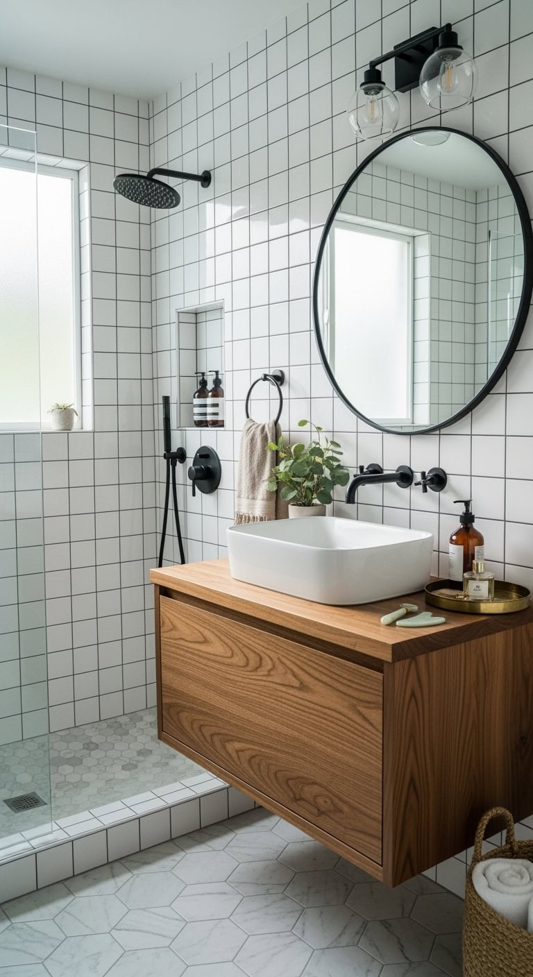 graphic intentional sophisticated bathroom design