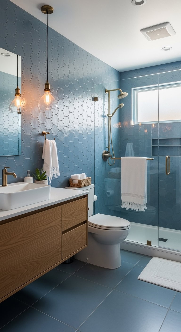 matte blue tiles create soothing spa like ambiance