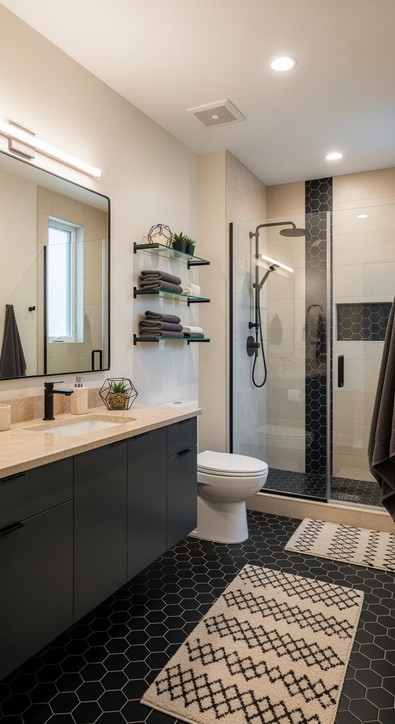 geometric black tiles tan marble