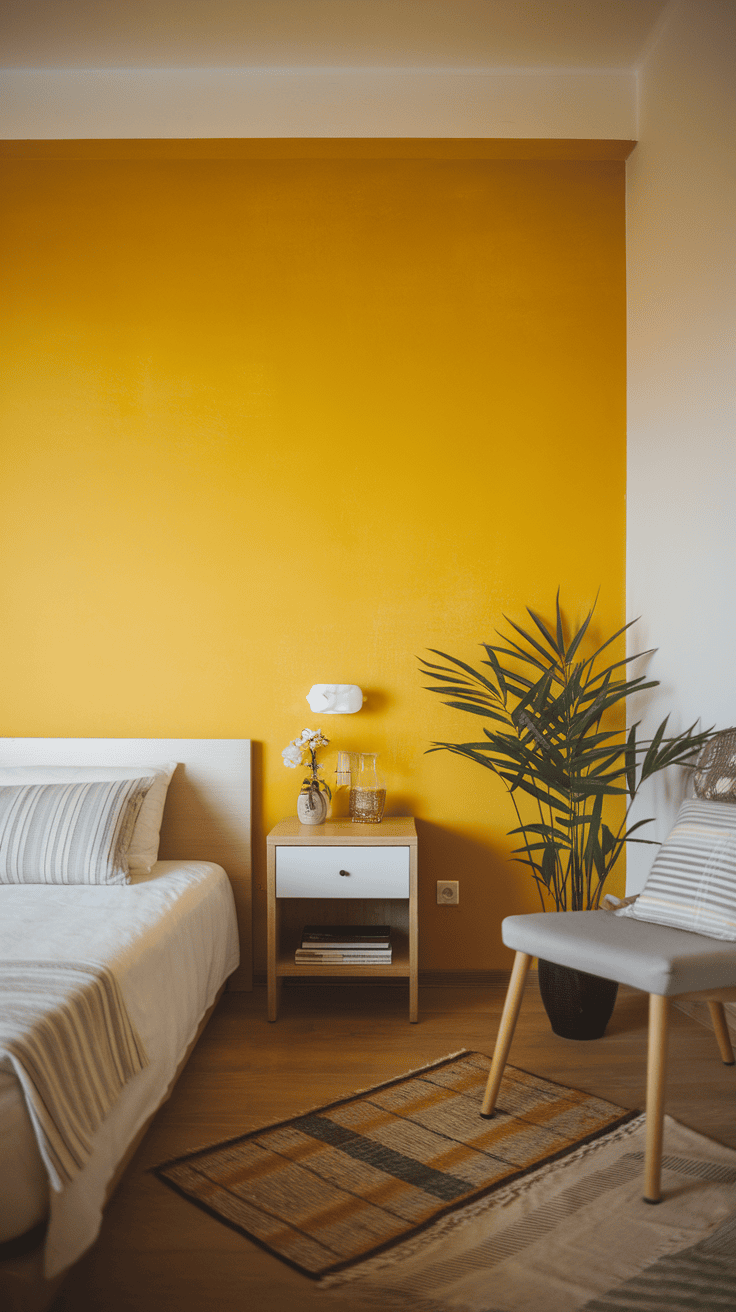 A bright yellow artwork with text displayed on a wall in a modern bedroom.