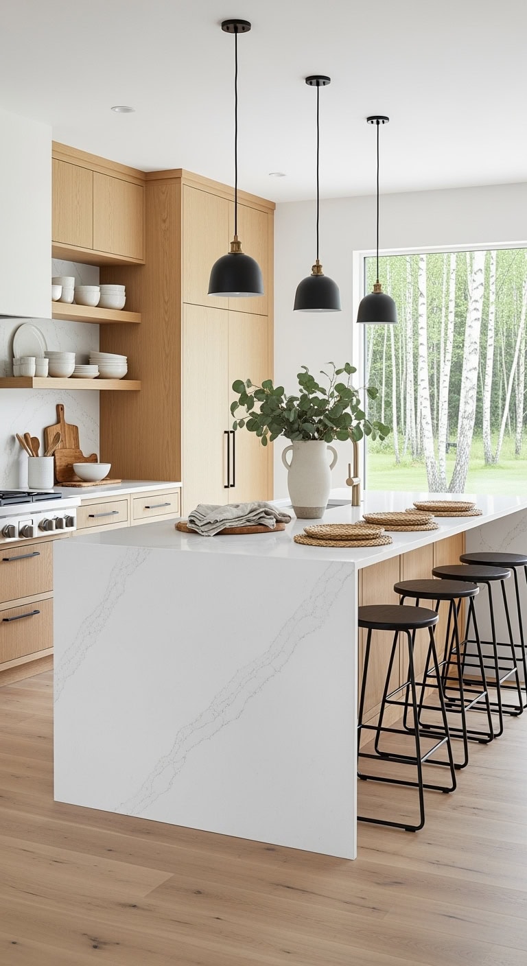 minimal sleek dramatic waterfall countertop