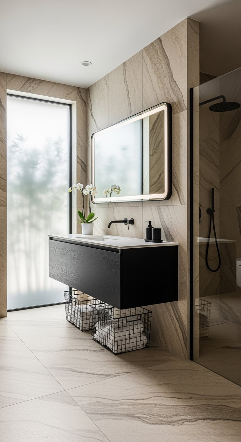 beige marble matte black fixtures