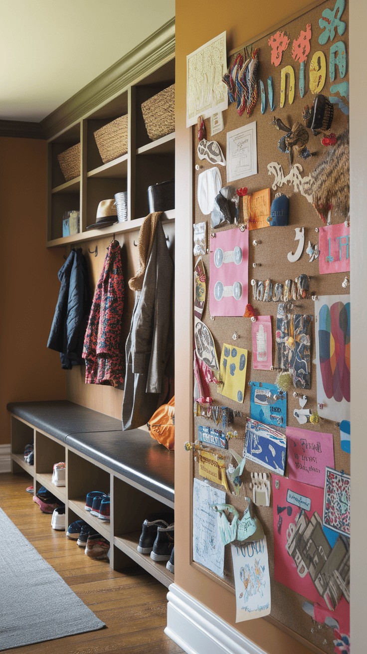 A colorful bulletin board filled with art and notes in a mudroom setting.