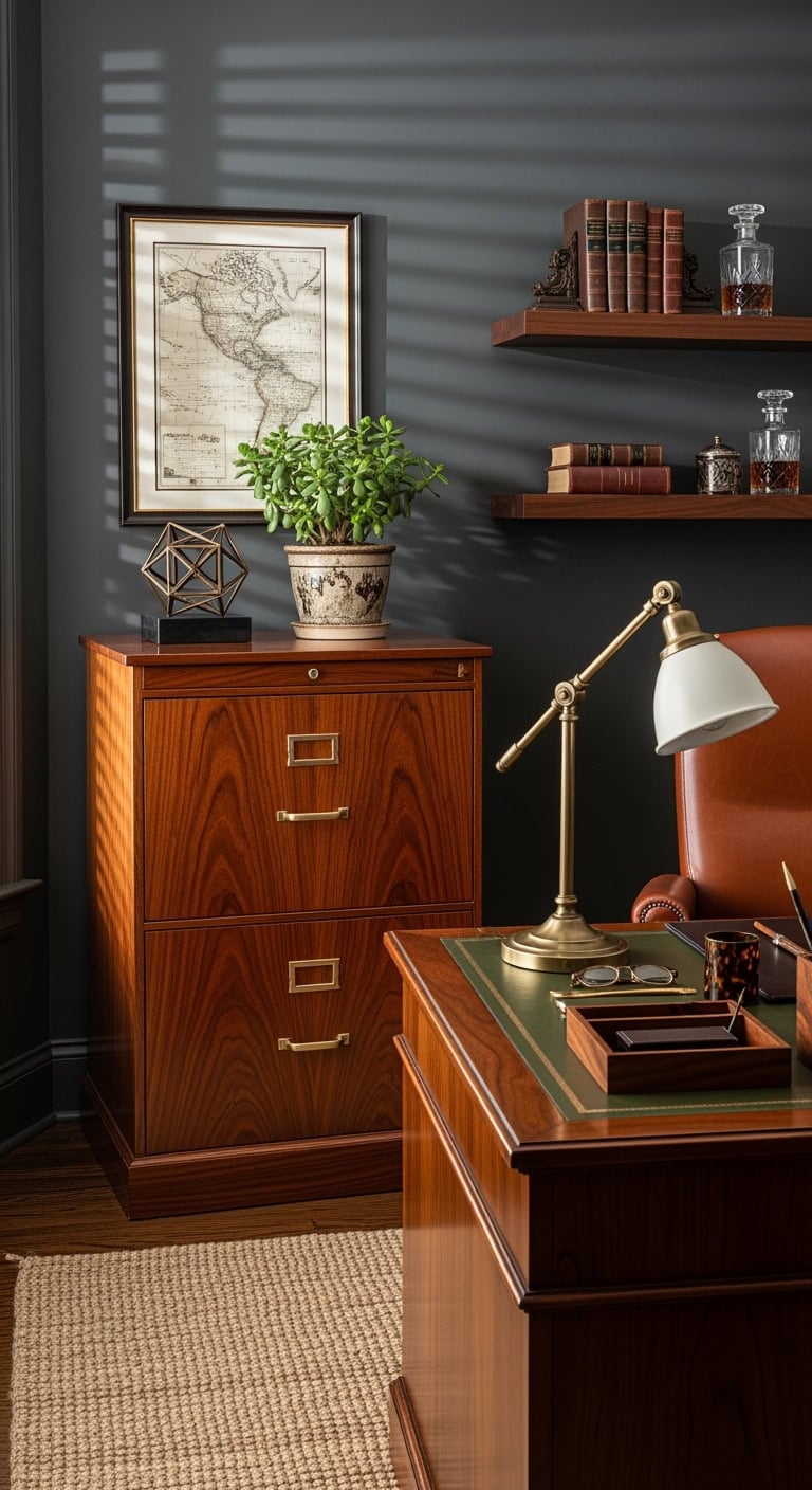 sophisticated vintage dark wood filing cabinet