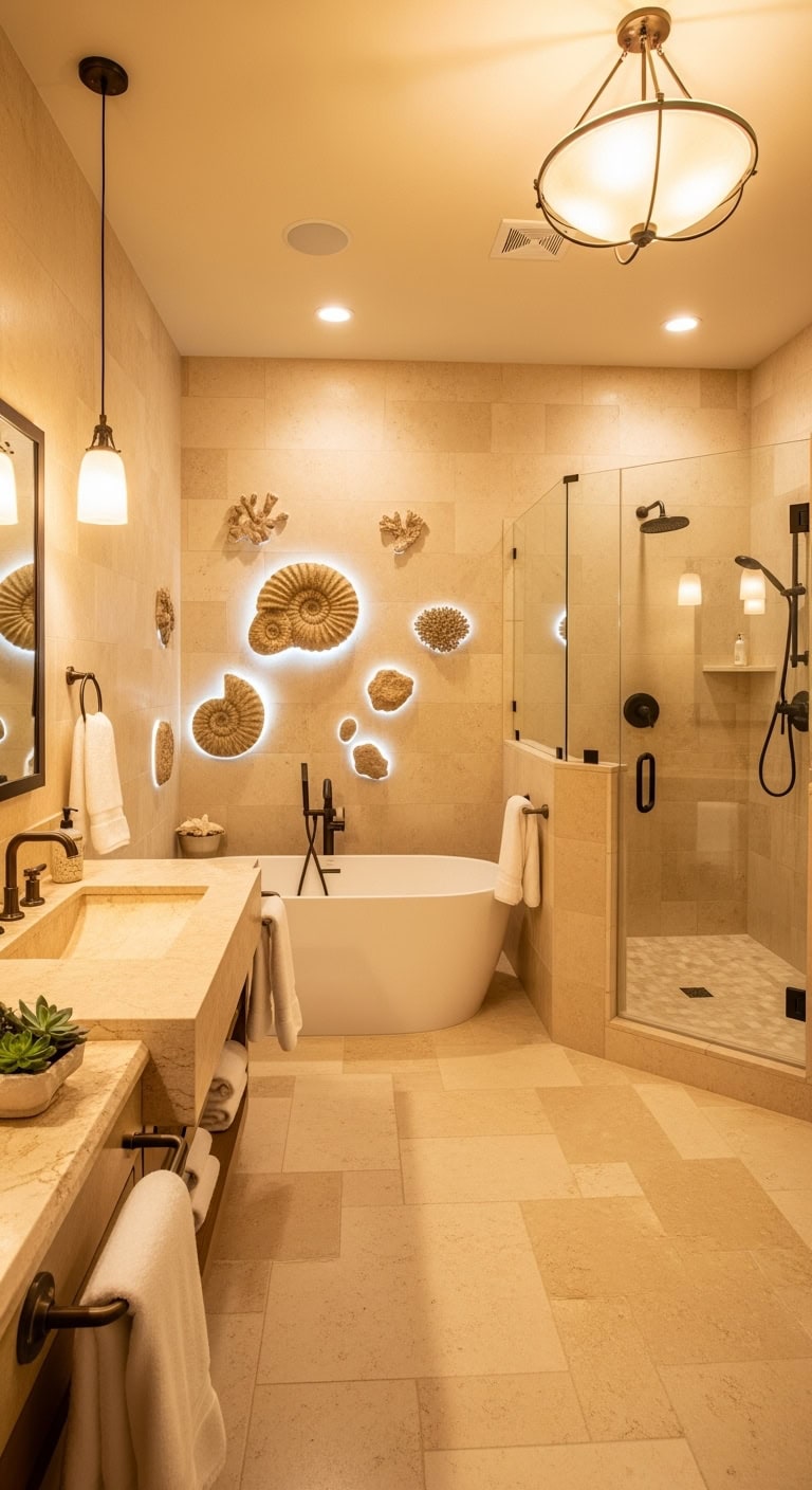 fossil embedded natural stone bathroom feature