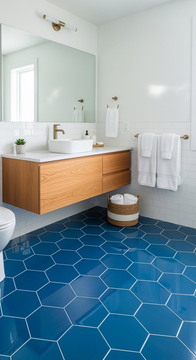 blue hexagon floor art