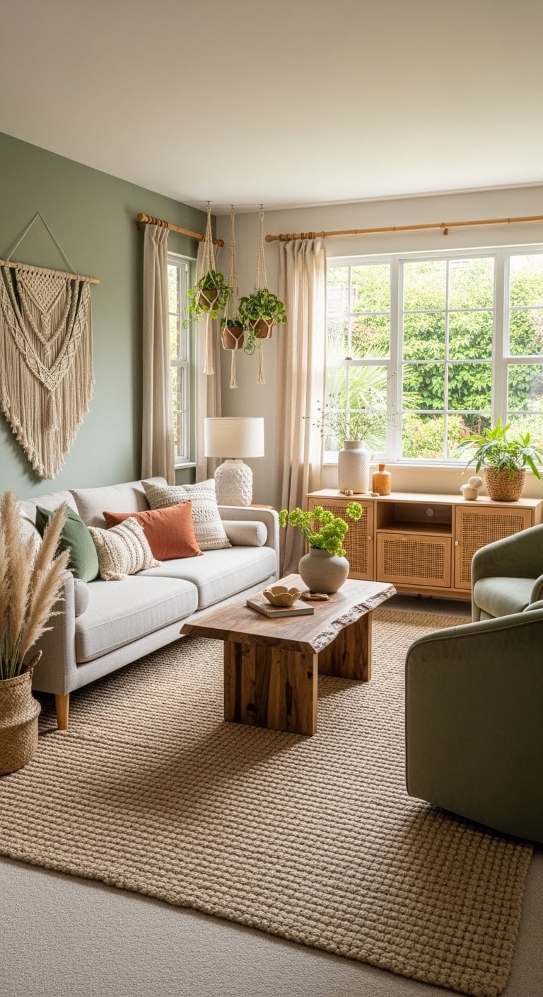 sage macrame boho living