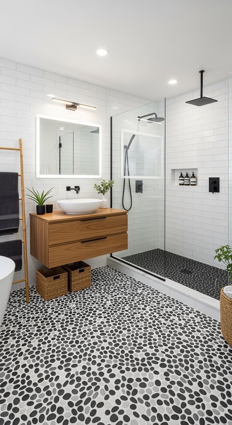 zen inspired monochrome pebble floors create spa like sanctuaries